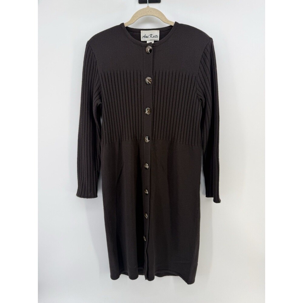 Vintage Ami Knits Sweater Dress Womens 10 Brown Button Up Ribbed Made USA